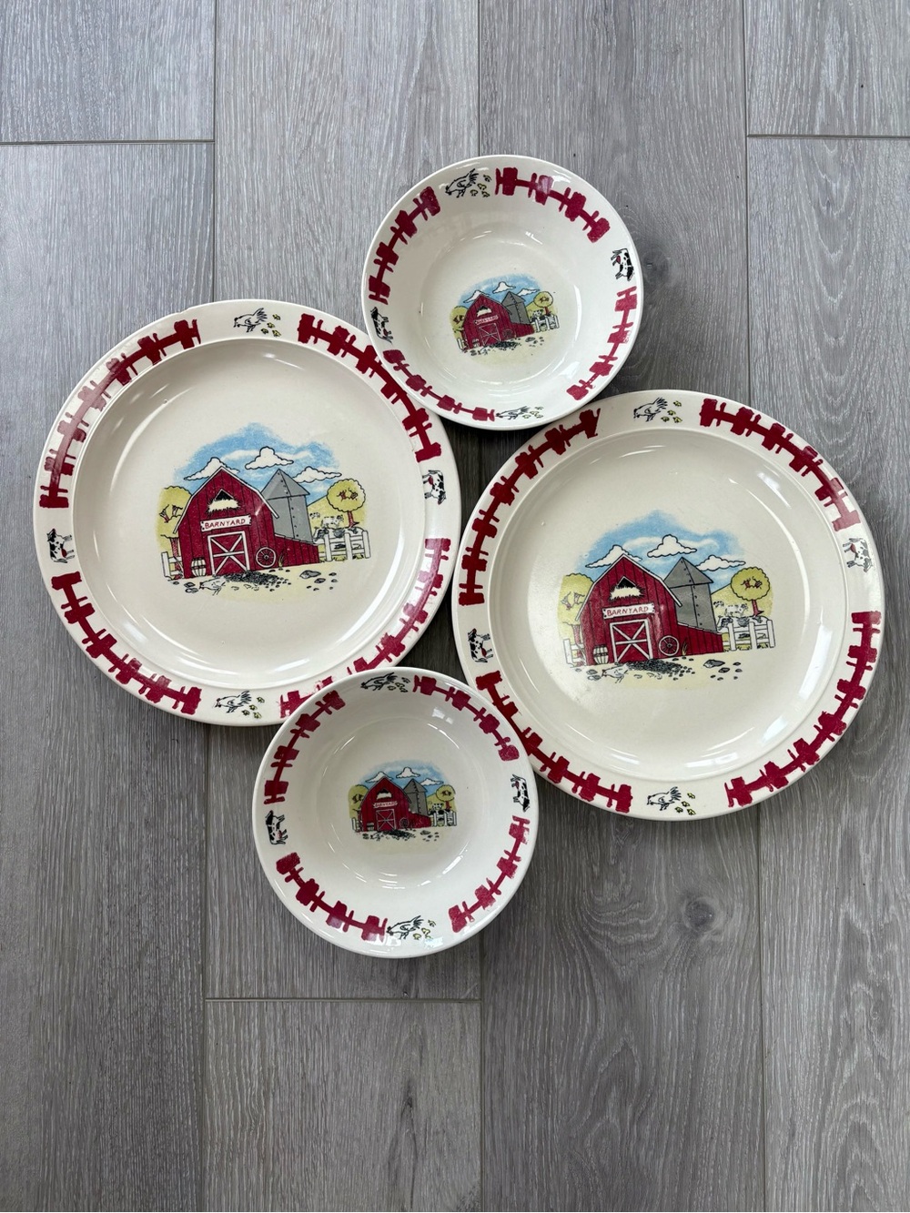 Vintage Farmhouse Stoneware Country Barnyard~ Cows, Chickens, Red Barn- 4 Pieces
